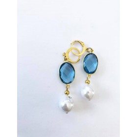 Royal blå topaz øreringe med perle. Stål/guld