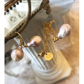 Store 18 mm lilla baroque perle sæt. Kæde og øreringe. Stål/guld