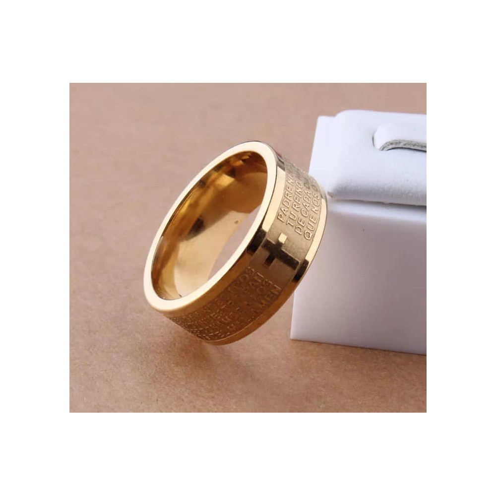8 mm bred ring med kors. unisex. Stål/guld