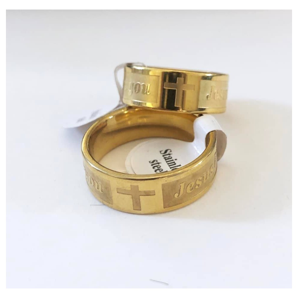 8 mm bred ring med jesus. Stål/guld