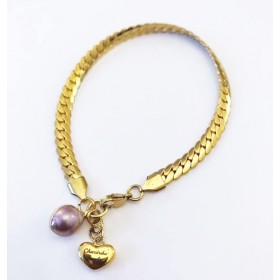 Ankelkæde med perle og hjerte. 20-21 cm. Stål/guld