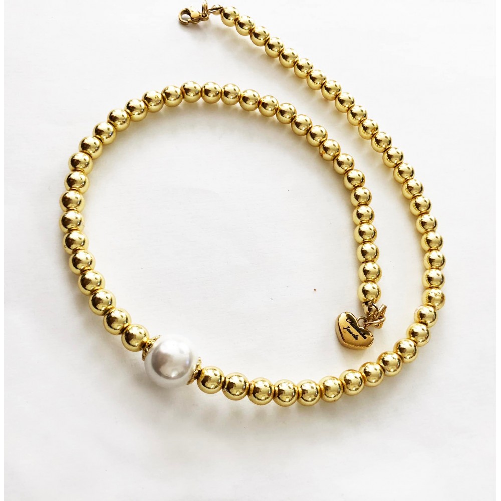 6 mm hematite ædelstens kæde med perle. Stål/guld