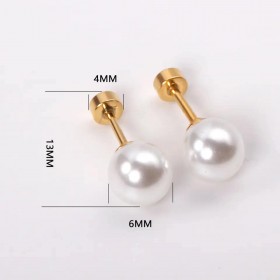 6 mm imiteret perle øreringe med skruelås. Stål/guld