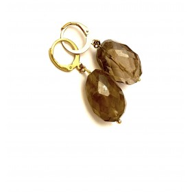 Large smoky quartz earrings, 3.5 cm. Steel/gold