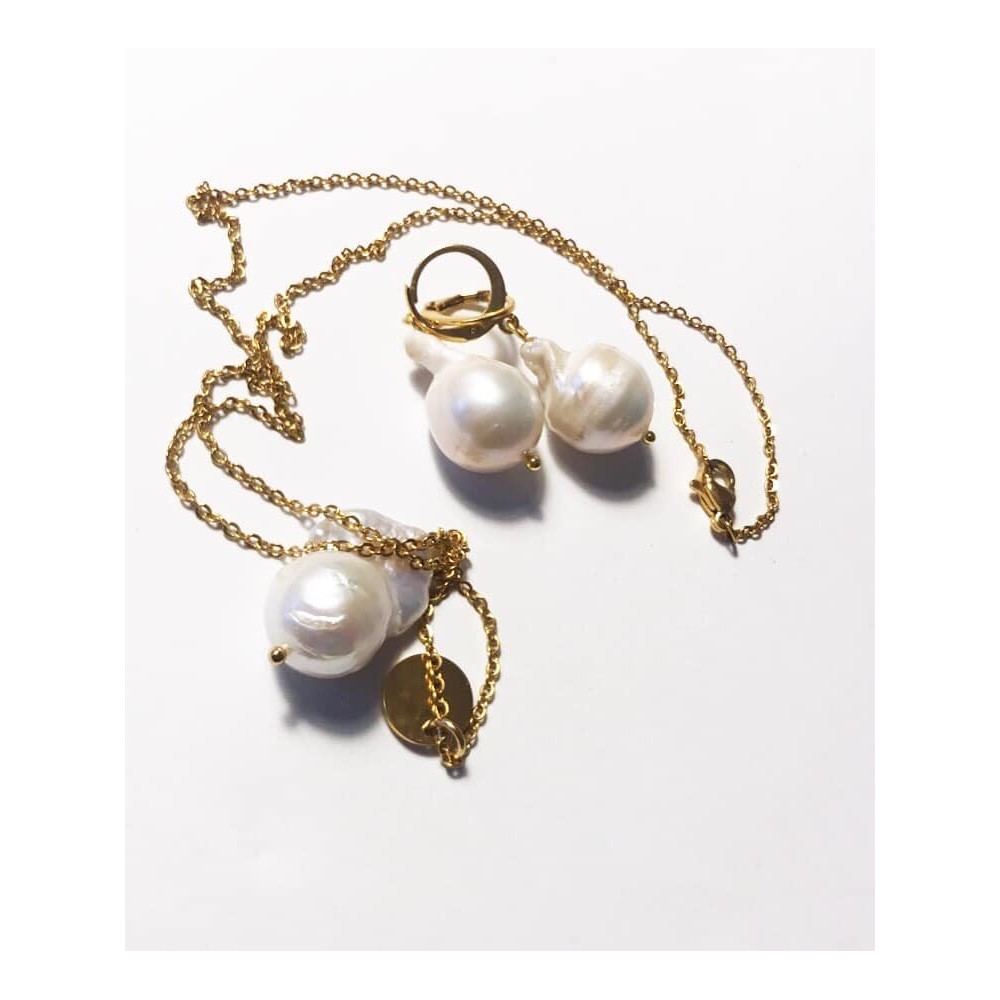 Baroque 2.5 cm pearls. Set. big pearls. Steel/gold