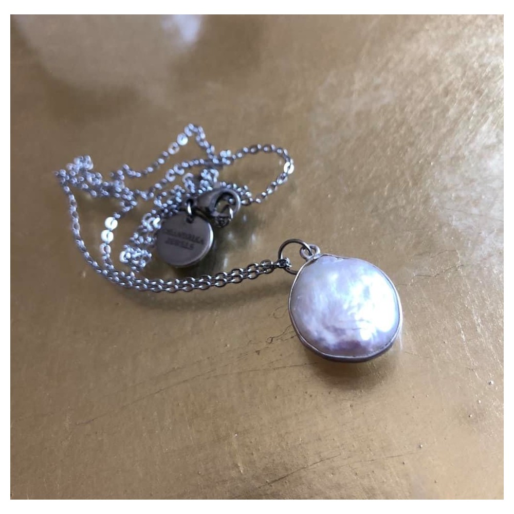 Pearl with silver, incl. steel chain